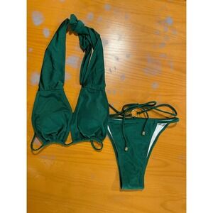 NEW Halter O-Ring Wrap Around String Bikini Dark Green Gold Hardware Swimsuit M
